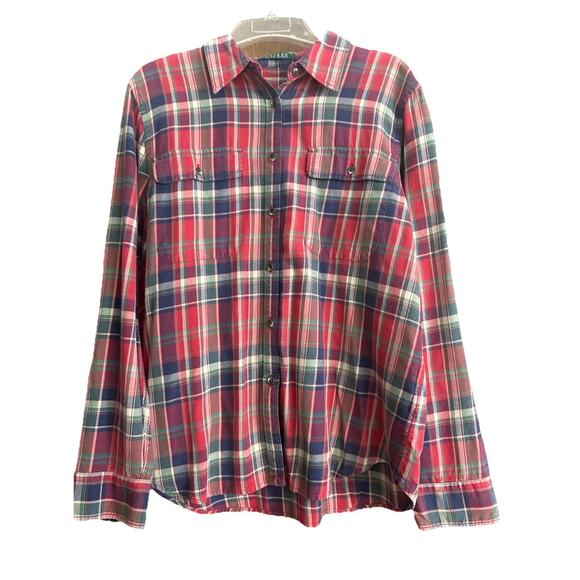 Lauren Ralph Lauren Women's Red Large Button Down Flannel Plaid Roll Sleeve Tab - Picture 1 of 9